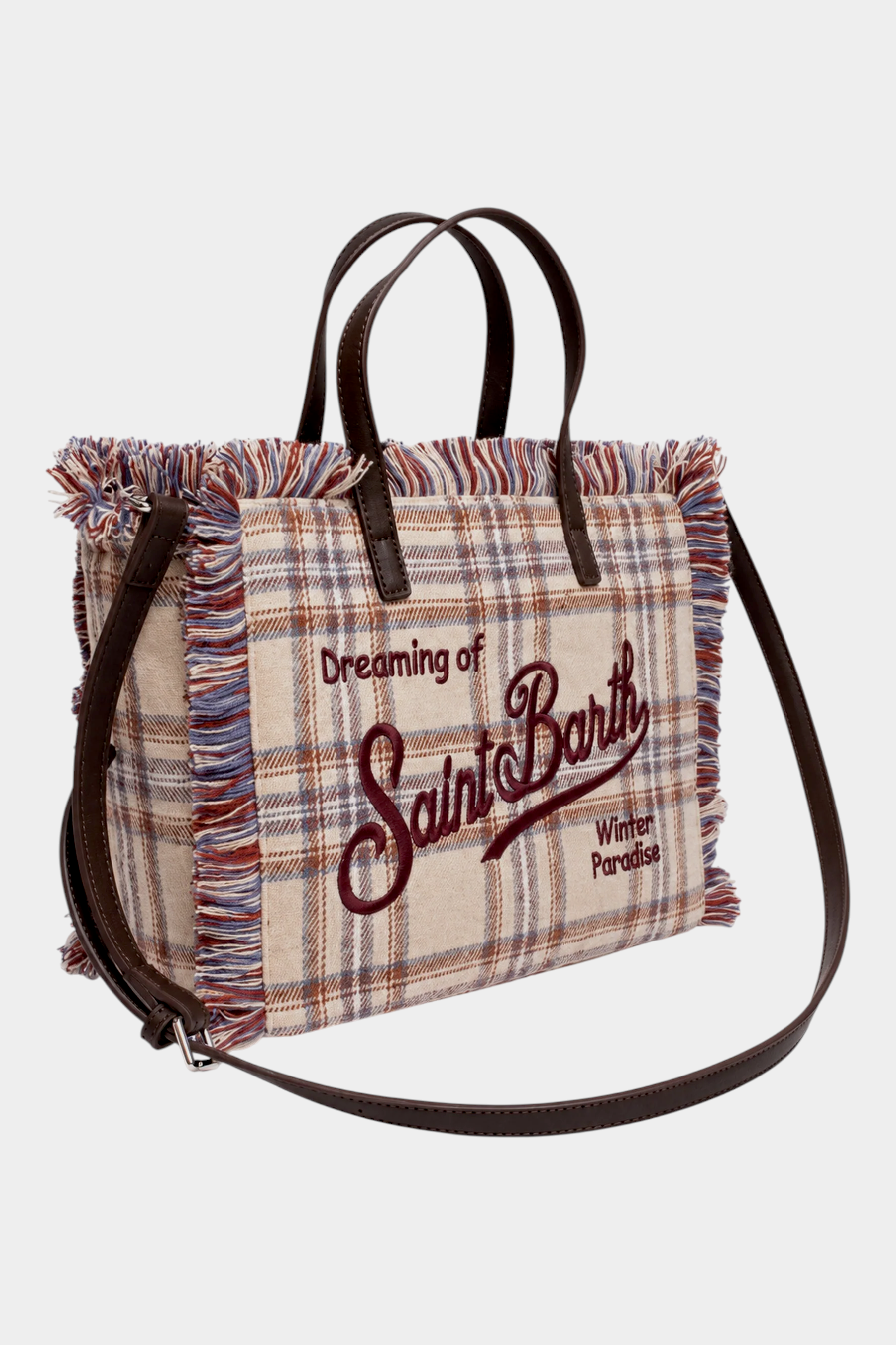 Borsa Colette Follower SRL in lana beige con motivo tartan, frange decorative e ricamo Saint Barth marrone