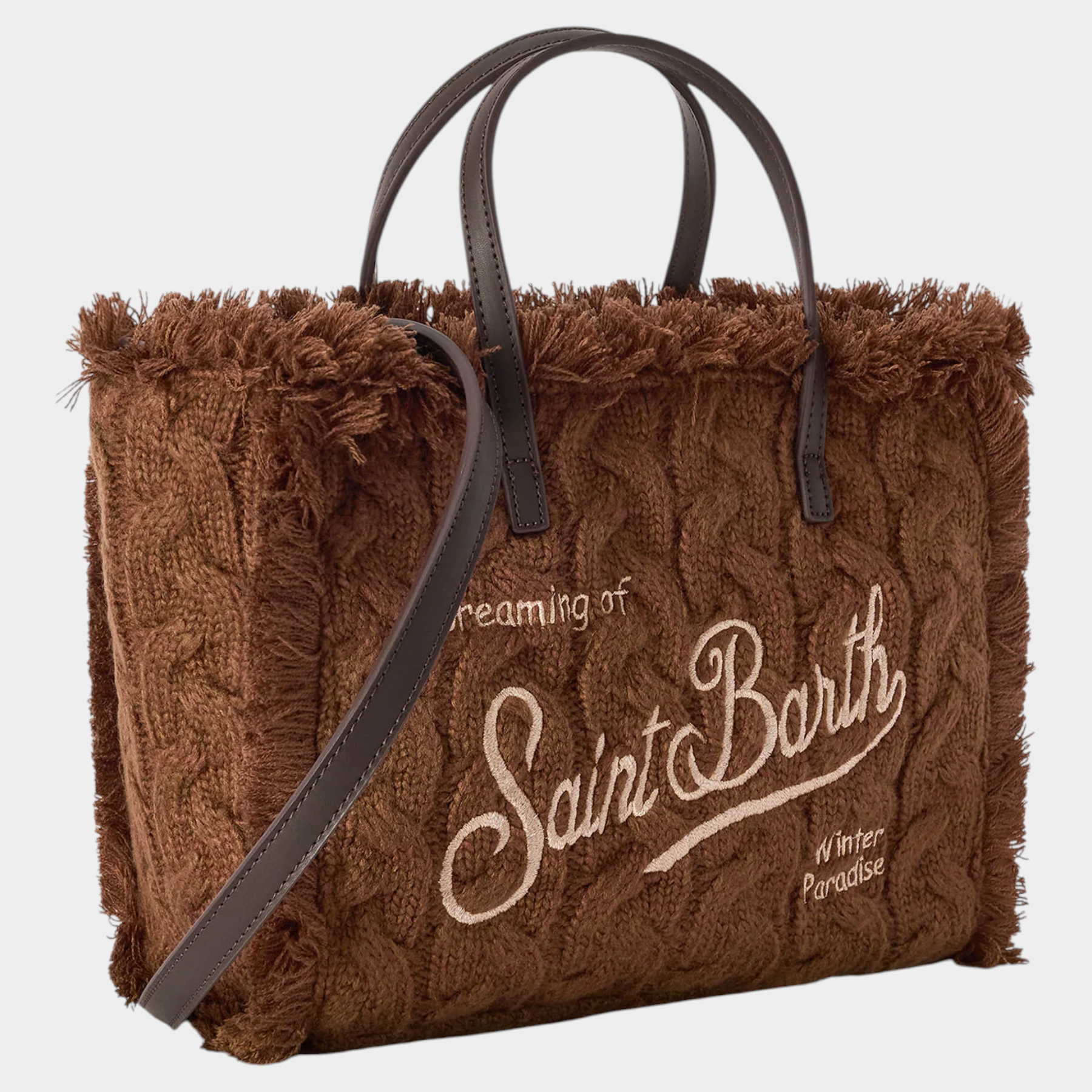 Borsa Follower SRL Colette in maglia marrone con lavorazione a trecce, ricamo logo e manici in pelle