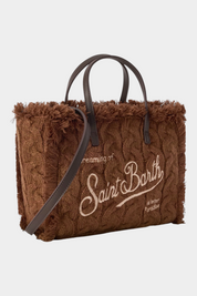 Borsa Follower SRL Colette in maglia marrone con lavorazione a trecce, ricamo logo e manici in pelle