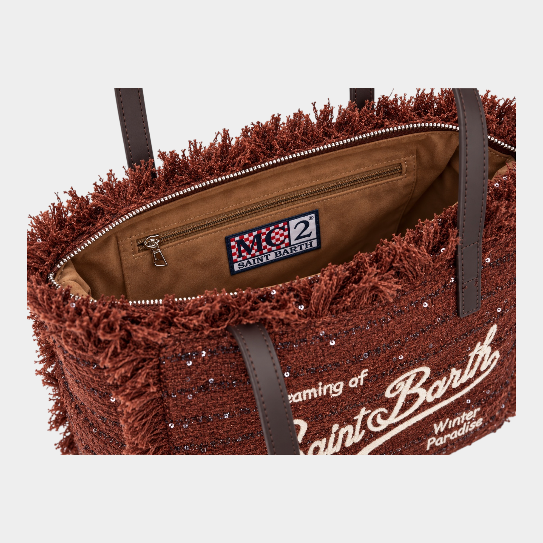 Borsa Follower SRL Colette marrone in tweed con frange, logo ricamato e interno foderato con etichetta MC2 Saint Barth
