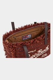 Borsa Follower SRL Colette marrone in tweed con frange, logo ricamato e interno foderato con etichetta MC2 Saint Barth