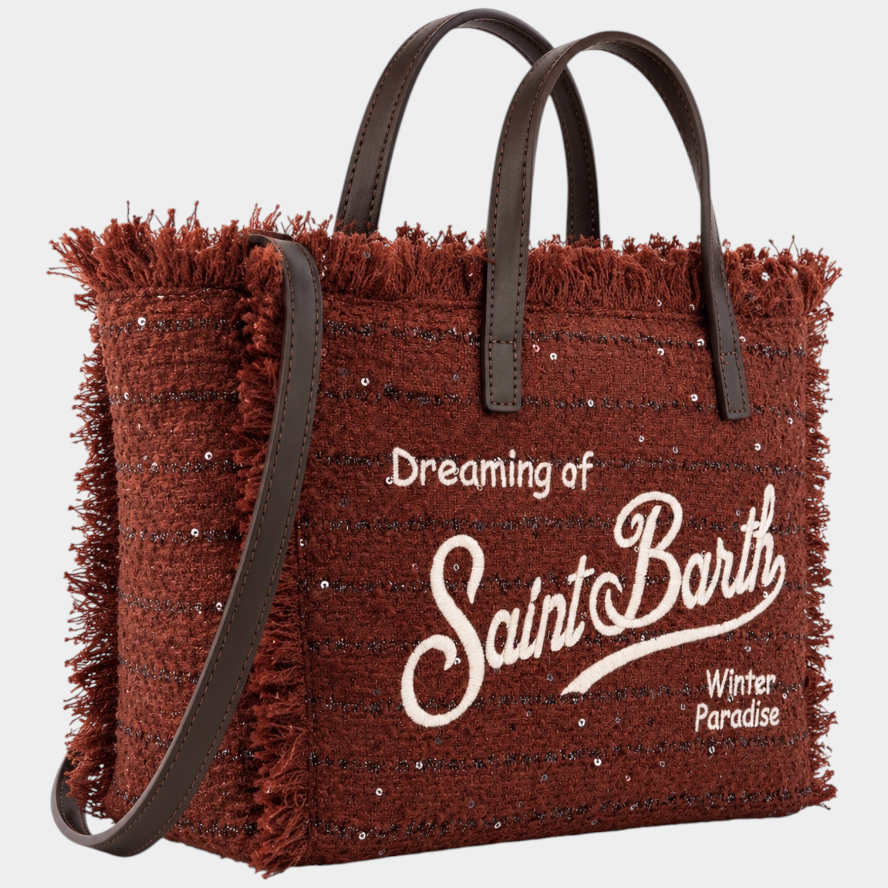 Borsa Follower SRL Colette marrone in tweed con frange, ricamo Saint Barth e manici in pelle