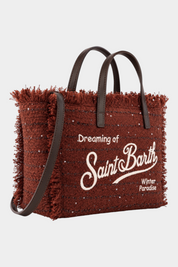 Borsa Follower SRL Colette marrone in tweed con frange, ricamo Saint Barth e manici in pelle