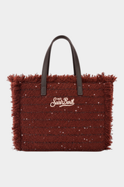 Borsa Colette Follower SRL marrone in tweed con frange, logo ricamato e dettagli in paillettes