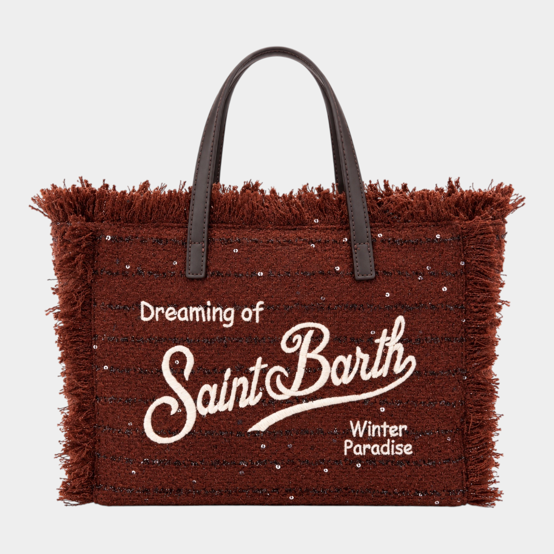 Borsa Follower SRL Colette marrone in tweed con frange, ricamo Saint Barth bianco e dettagli in lurex scintillante