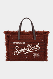 Borsa Follower SRL Colette marrone in tweed con frange, ricamo Saint Barth bianco e dettagli in lurex scintillante