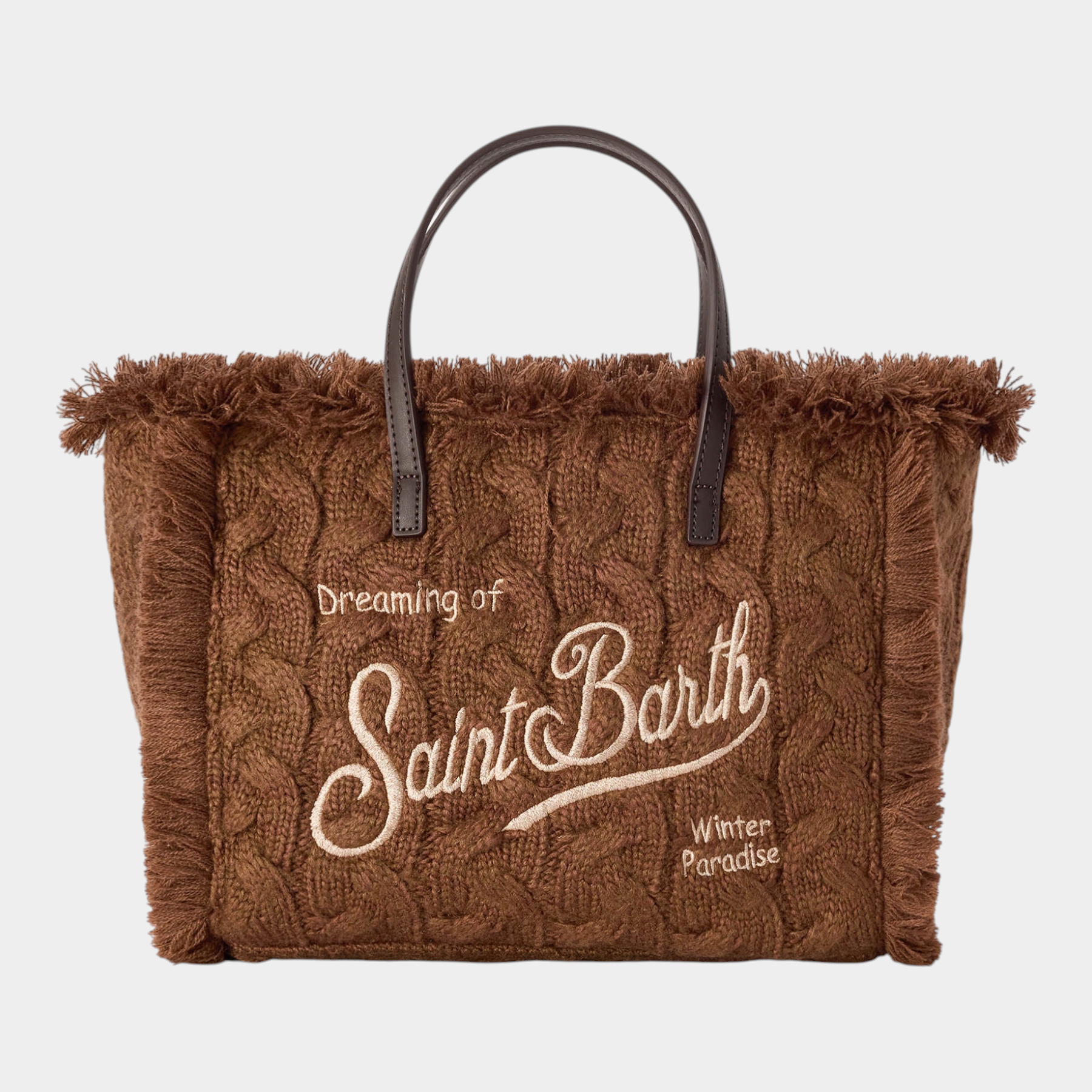 Borsa Follower SRL Colette marrone in maglia intrecciata con ricamo logo e bordi sfrangiati