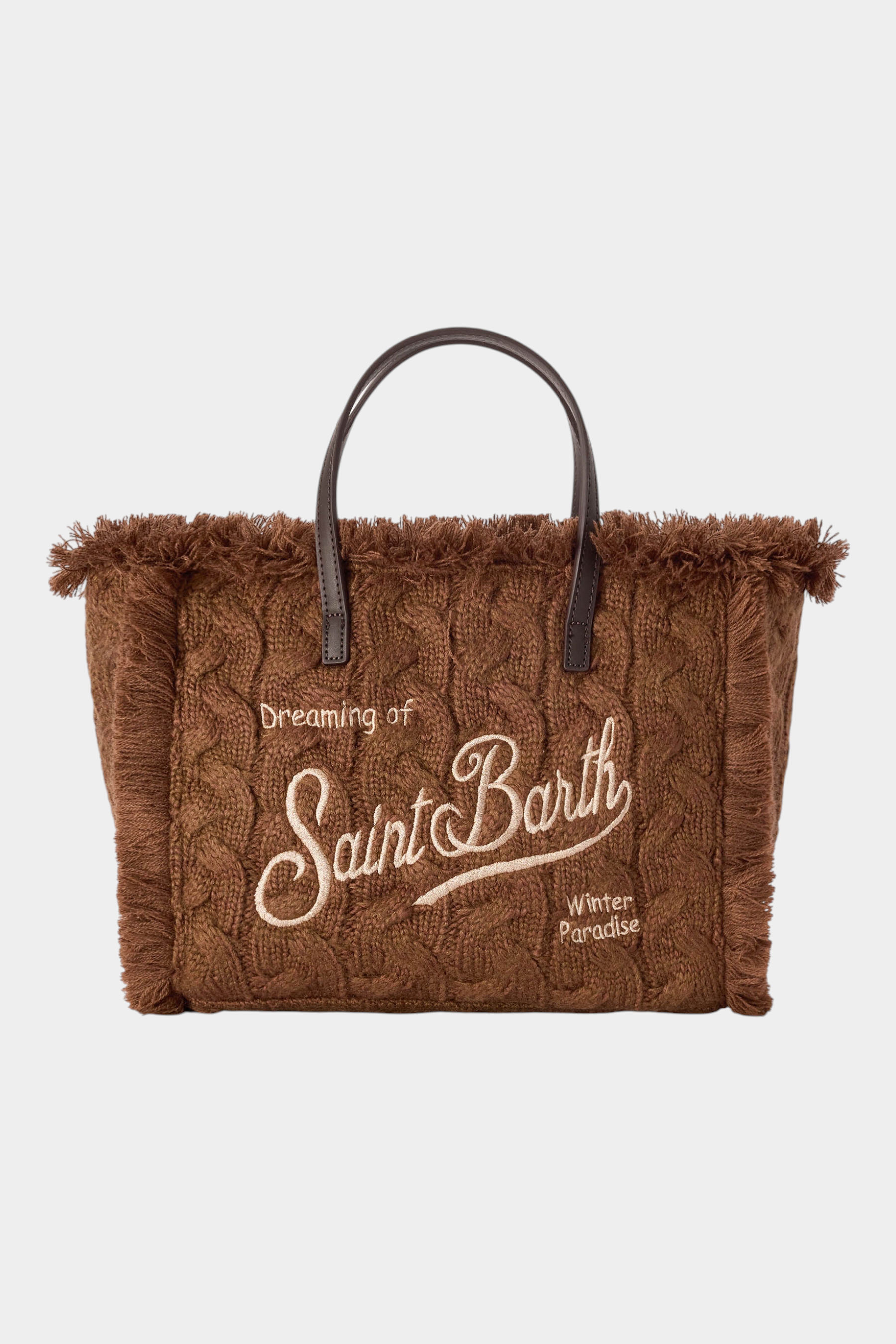 Borsa Follower SRL Colette marrone in maglia intrecciata con ricamo logo e bordi sfrangiati