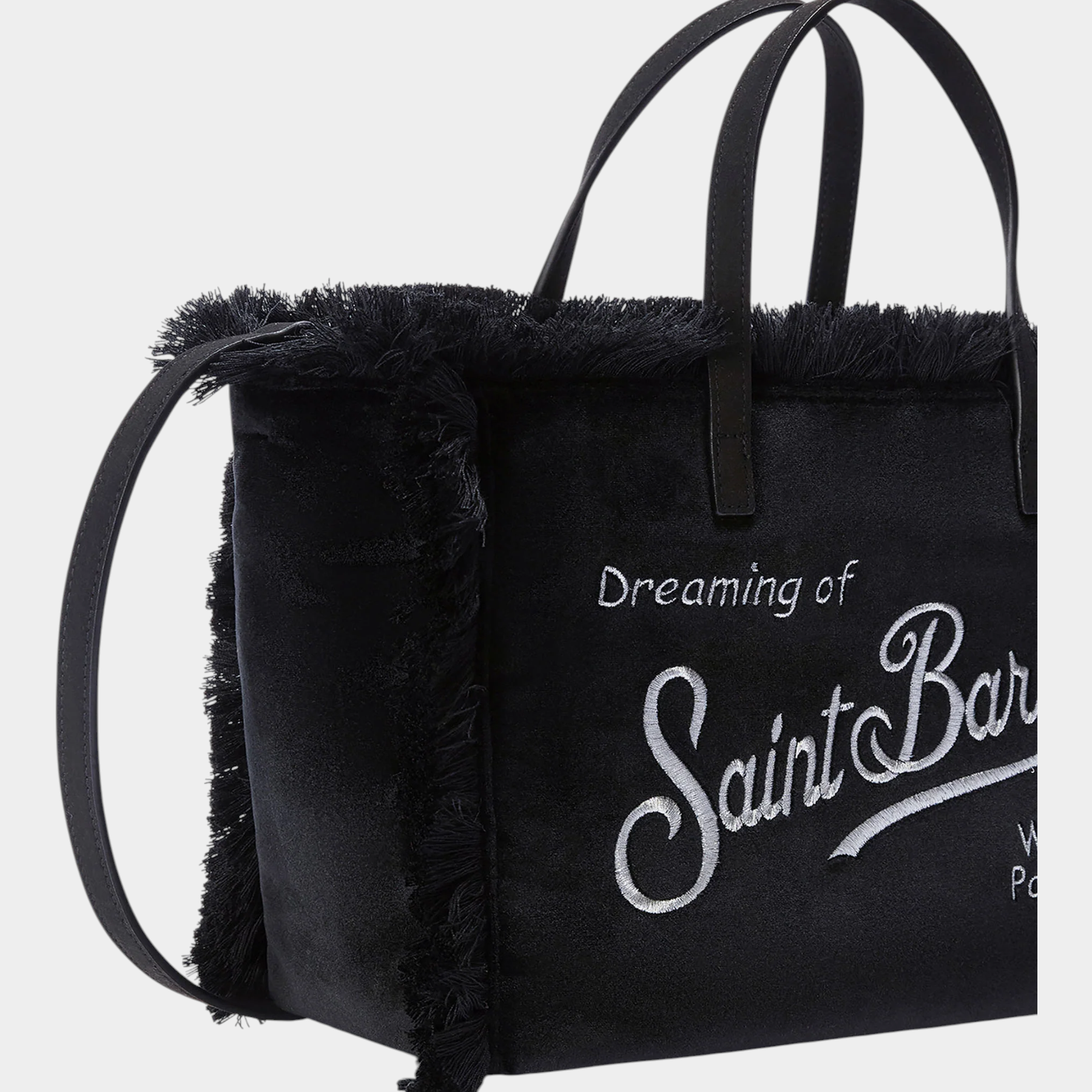 Borsa Follower SRL Colette nera in velluto con frange laterali e ricamo logo Saint Barth bianco