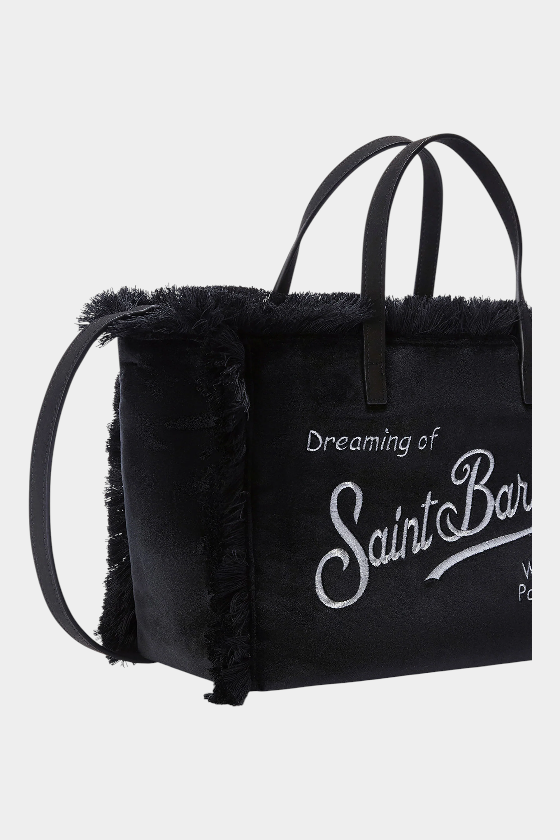 Borsa Follower SRL Colette nera in velluto con frange laterali e ricamo logo Saint Barth bianco