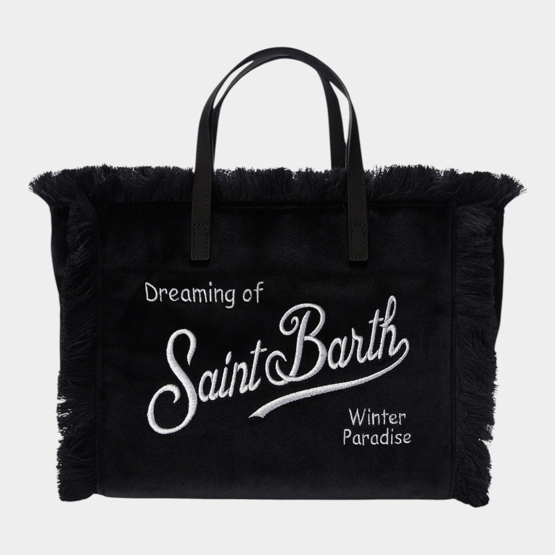 Borsa Follower SRL Colette nera in velluto con frange laterali e ricamo bianco Saint Barth sul davanti
