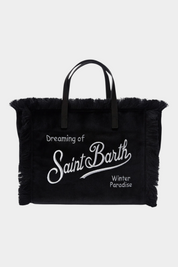 Borsa Follower SRL Colette nera in velluto con frange laterali e ricamo bianco Saint Barth sul davanti