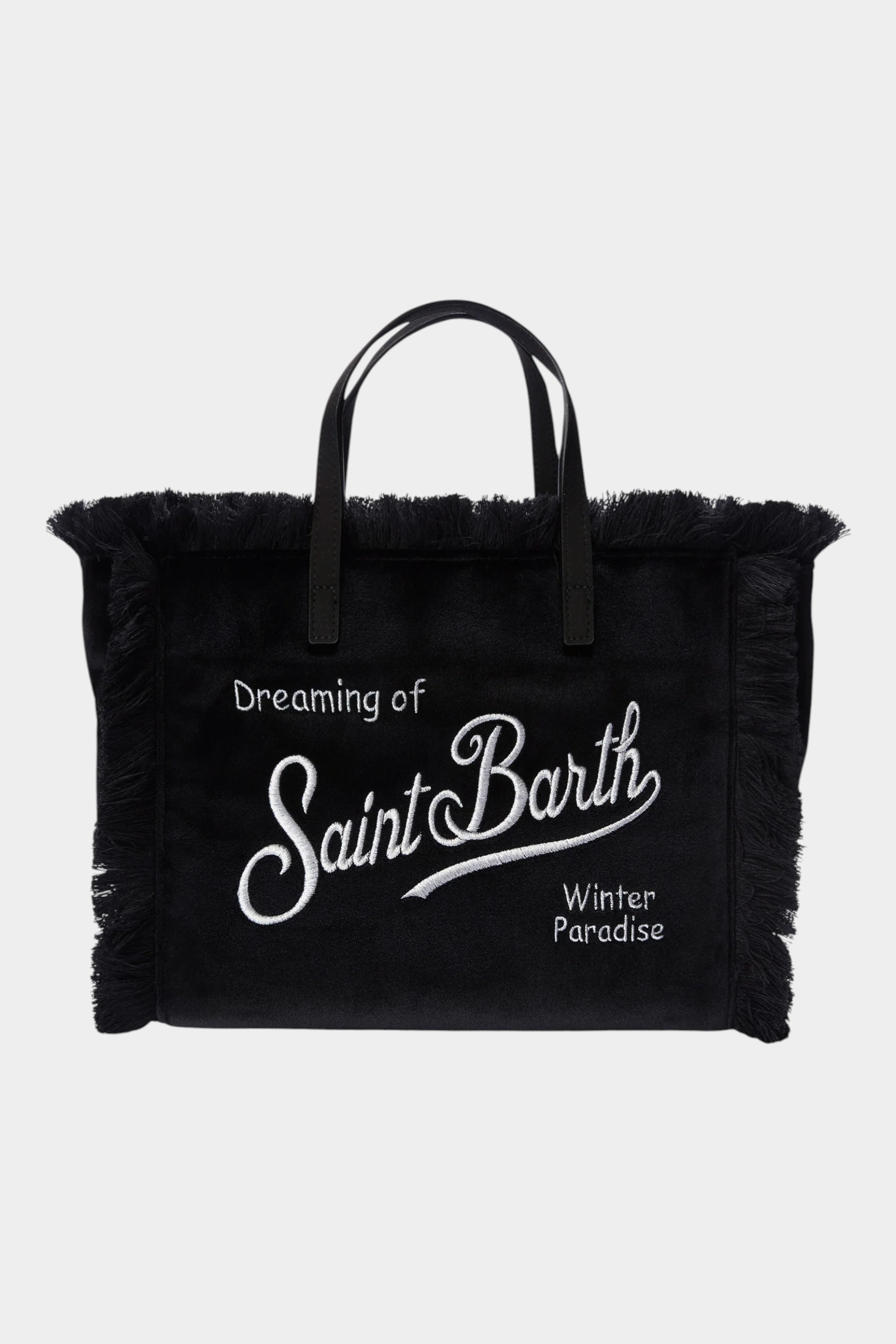 Borsa Follower SRL Colette nera in velluto con frange laterali e ricamo bianco Saint Barth sul davanti