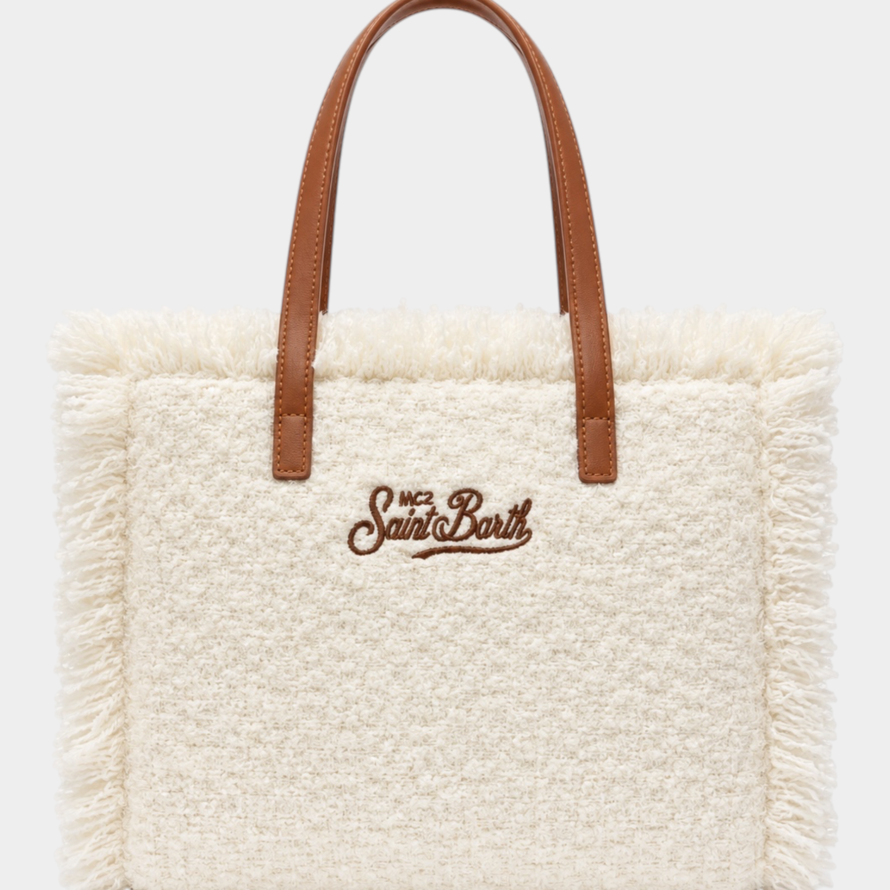 Borsa a mano Follower SRL Colette in tweed avorio con frange, manici in ecopelle marrone e logo ricamato frontale