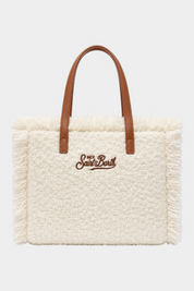 Borsa a mano Follower SRL Colette in tweed avorio con frange, manici in ecopelle marrone e logo ricamato frontale