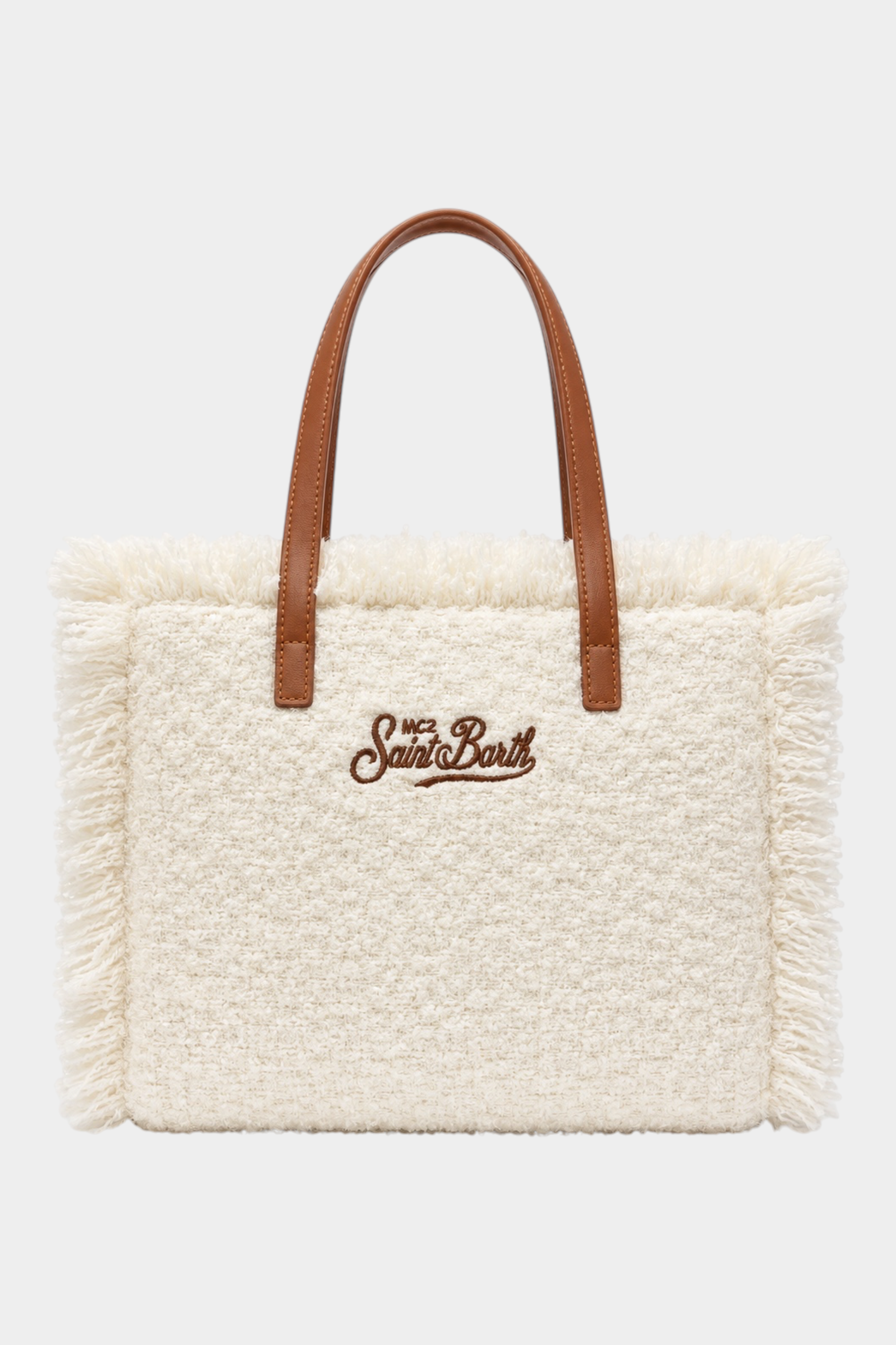 Borsa a mano Follower SRL Colette in tweed avorio con frange, manici in ecopelle marrone e logo ricamato frontale