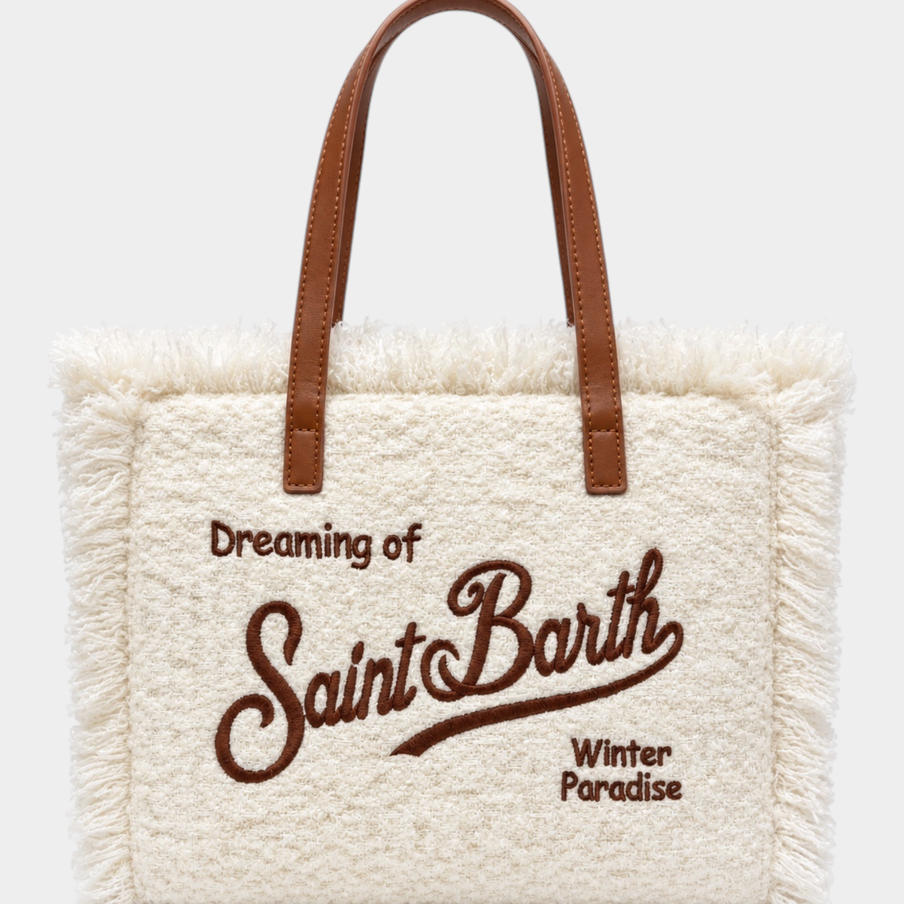 Borsa a mano Follower SRL Colette in tweed bianco con frange, manici marroni e ricamo logo Saint Barth frontale