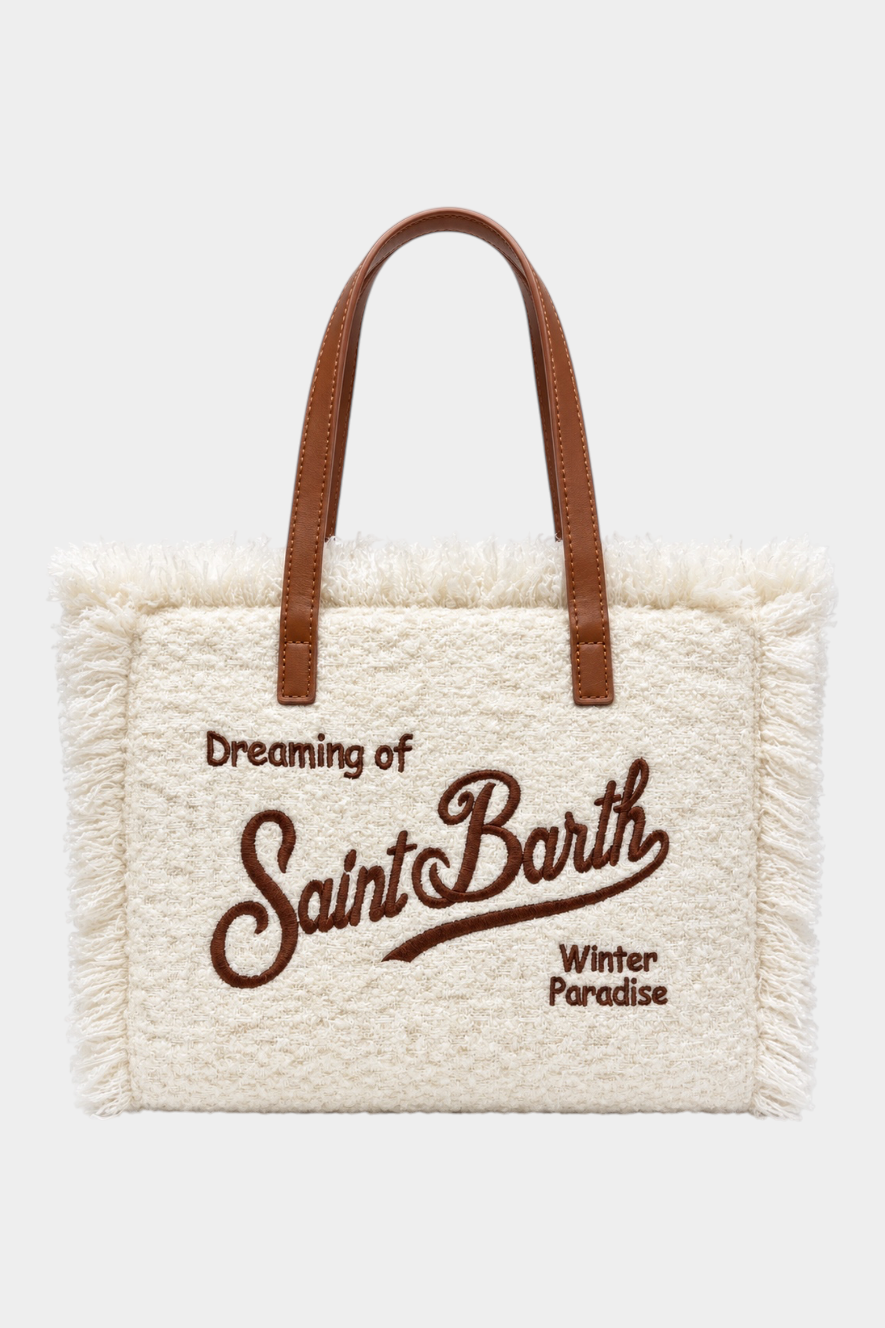 Borsa a mano Follower SRL Colette in tweed bianco con frange, manici marroni e ricamo logo Saint Barth frontale