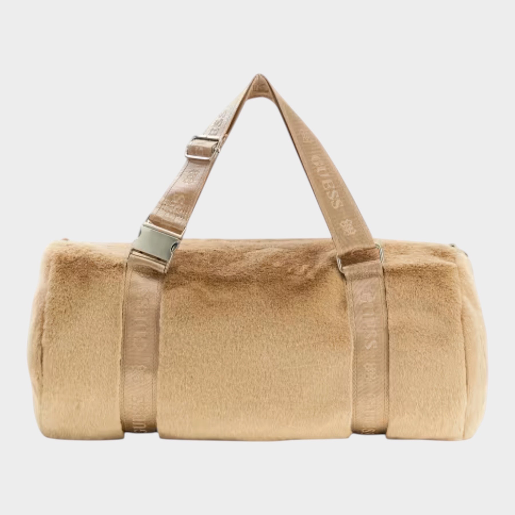 Borsa a cilindro Follower SRL Guess in morbida pelliccia sintetica beige con manici logati e dettagli in metallo
