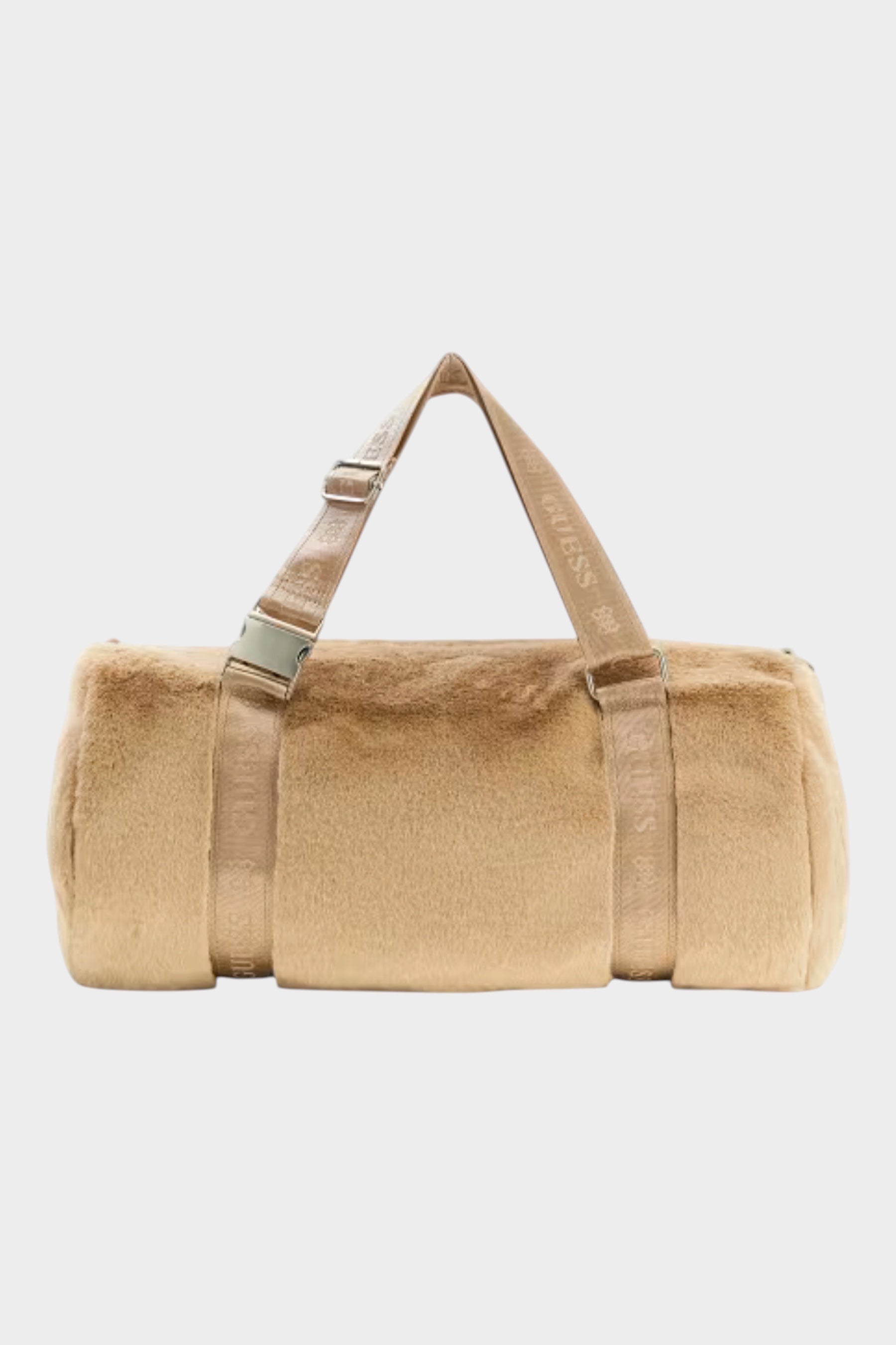 Borsa a cilindro Follower SRL Guess in morbida pelliccia sintetica beige con manici logati e dettagli in metallo