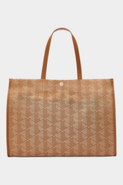 Borsa grande Follower SRL in tessuto jacquard beige con stampa Heritage e manici in pelle marrone