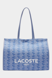 Borsa tote grande Follower SRL Lacoste in jacquard blu con stampa Heritage e logo bianco frontale
