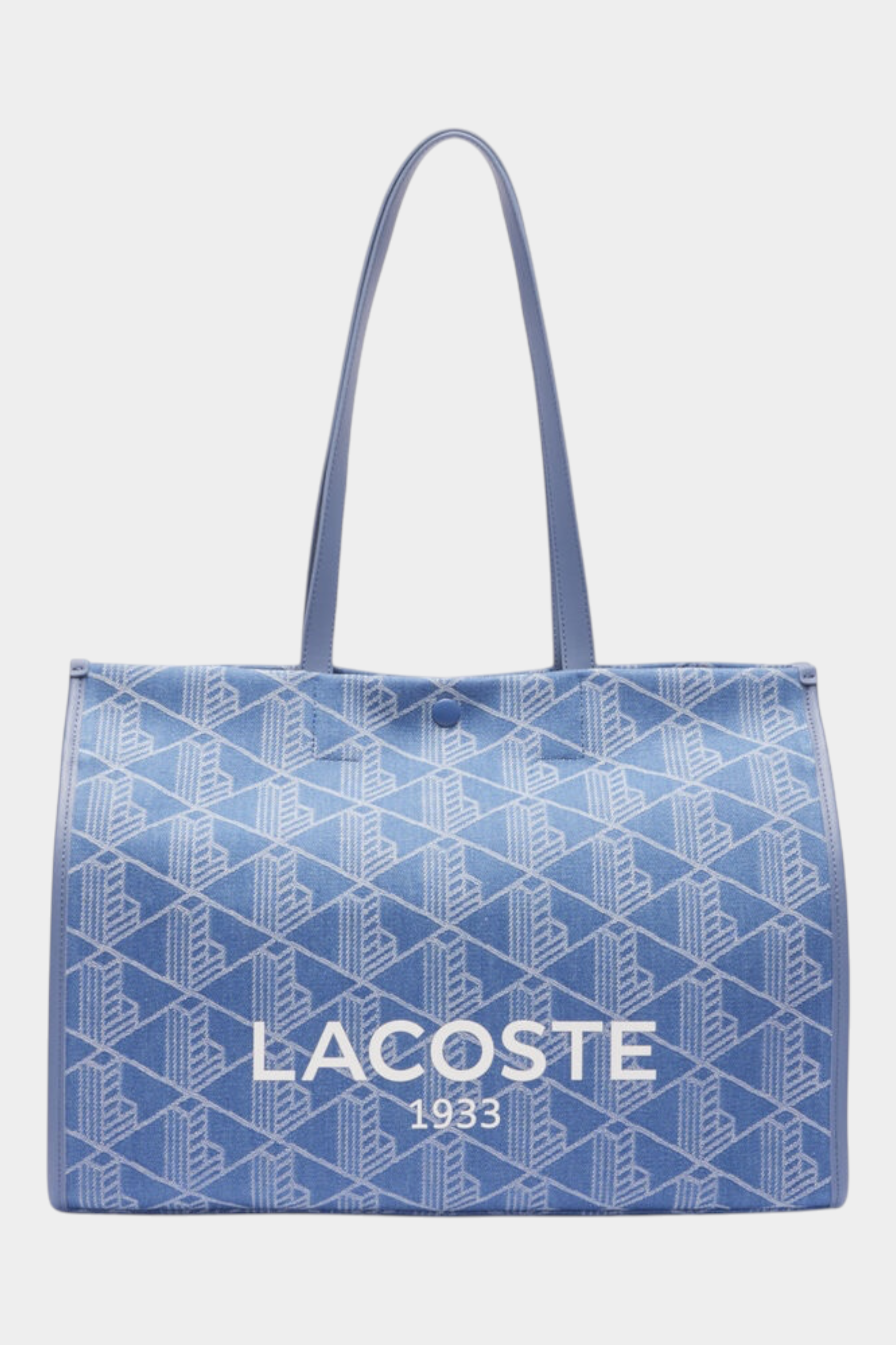 Borsa tote grande Follower SRL Lacoste in jacquard blu con stampa Heritage e logo bianco frontale