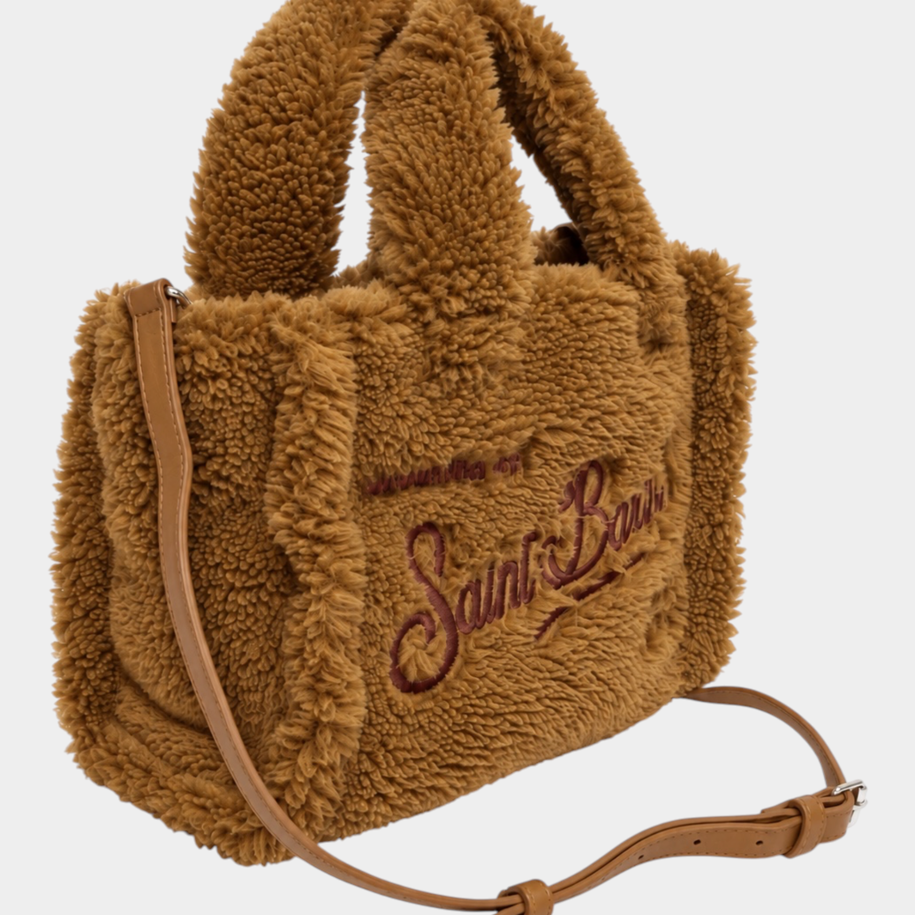 Borsa mini vanity Follower SRL in tessuto teddy marrone con ricamo Saint Barth e tracolla regolabile