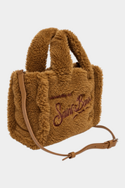 Borsa mini vanity Follower SRL in tessuto teddy marrone con ricamo Saint Barth e tracolla regolabile