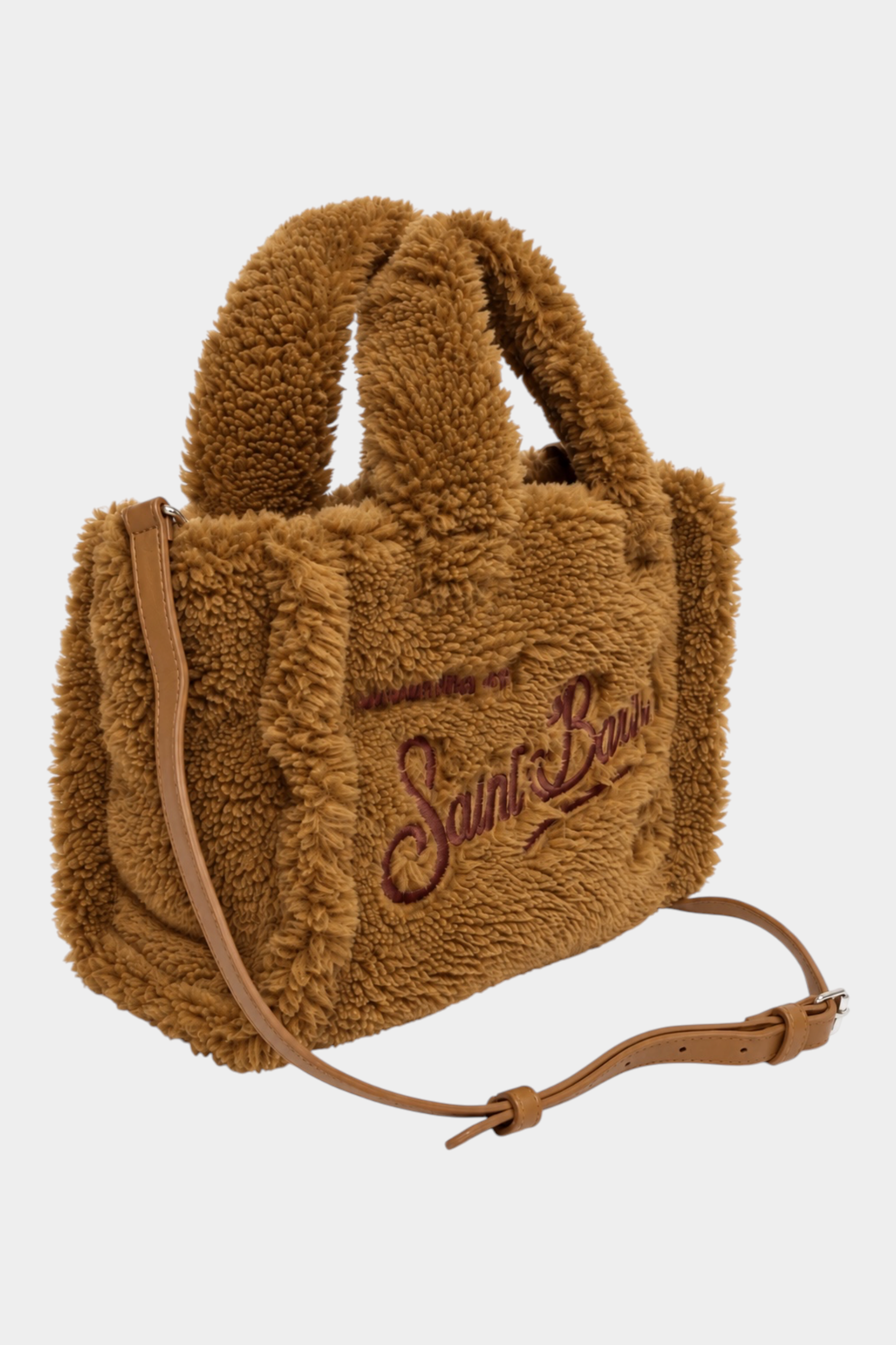 Borsa mini vanity Follower SRL in tessuto teddy marrone con ricamo Saint Barth e tracolla regolabile