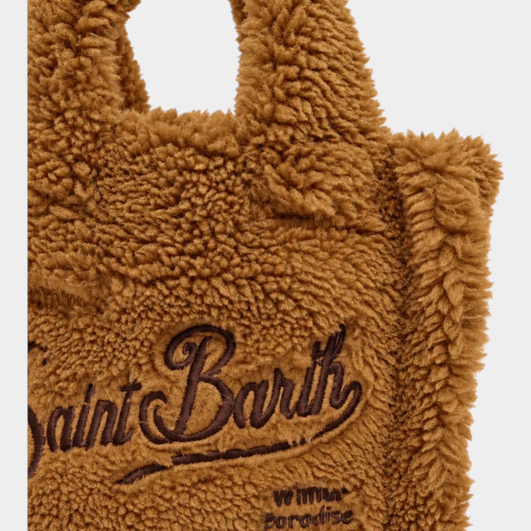Borsa mini vanity Follower SRL in tessuto teddy marrone con ricamo Saint Barth e dettagli testuali