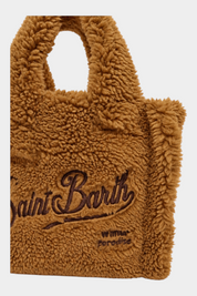 Borsa mini vanity Follower SRL in tessuto teddy marrone con ricamo Saint Barth e dettagli testuali