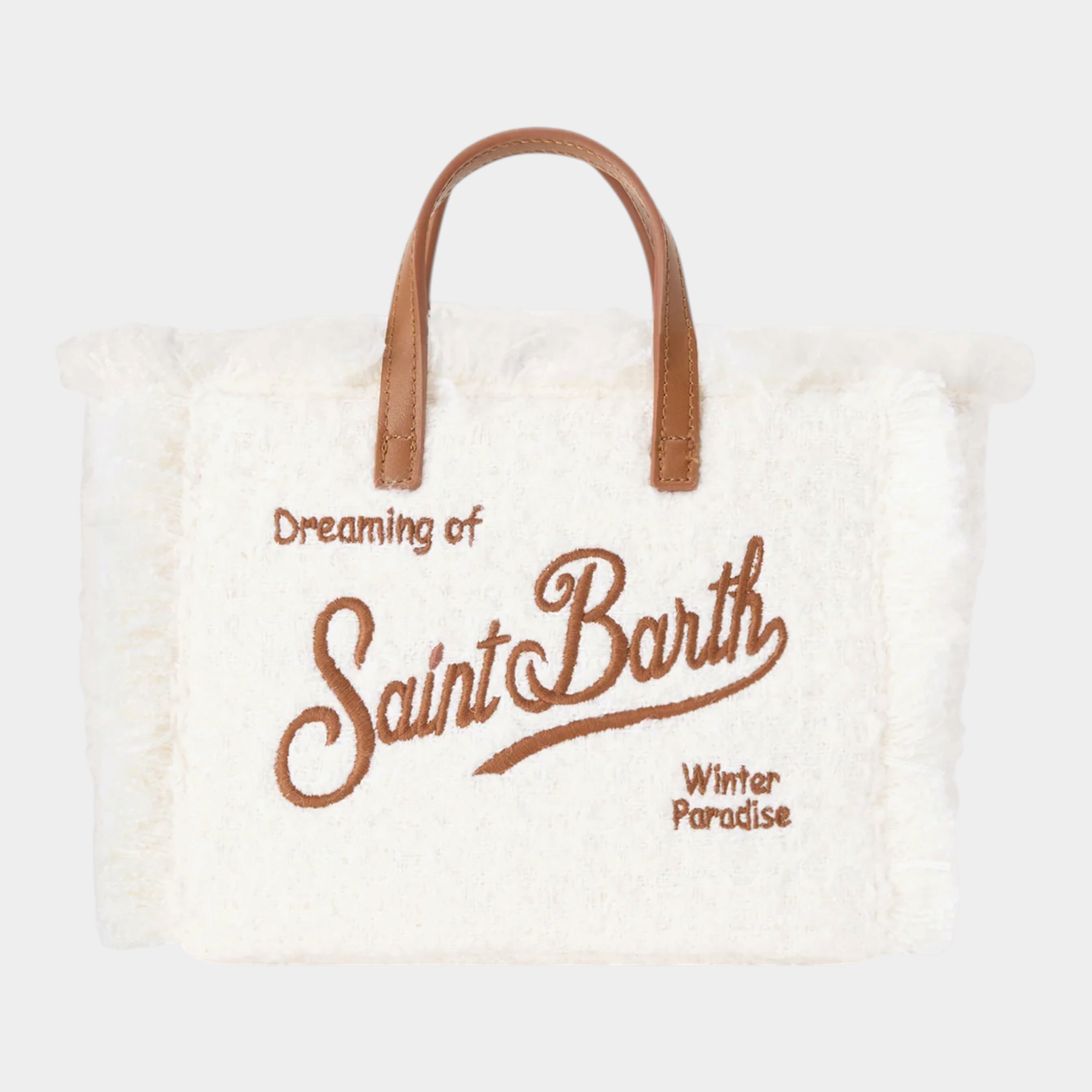 Borsa mini vanity Follower SRL in tweed avorio con ricamo logo marrone e manici in pelle