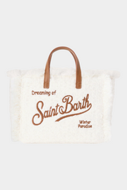 Borsa mini vanity Follower SRL in tweed avorio con ricamo logo marrone e manici in pelle