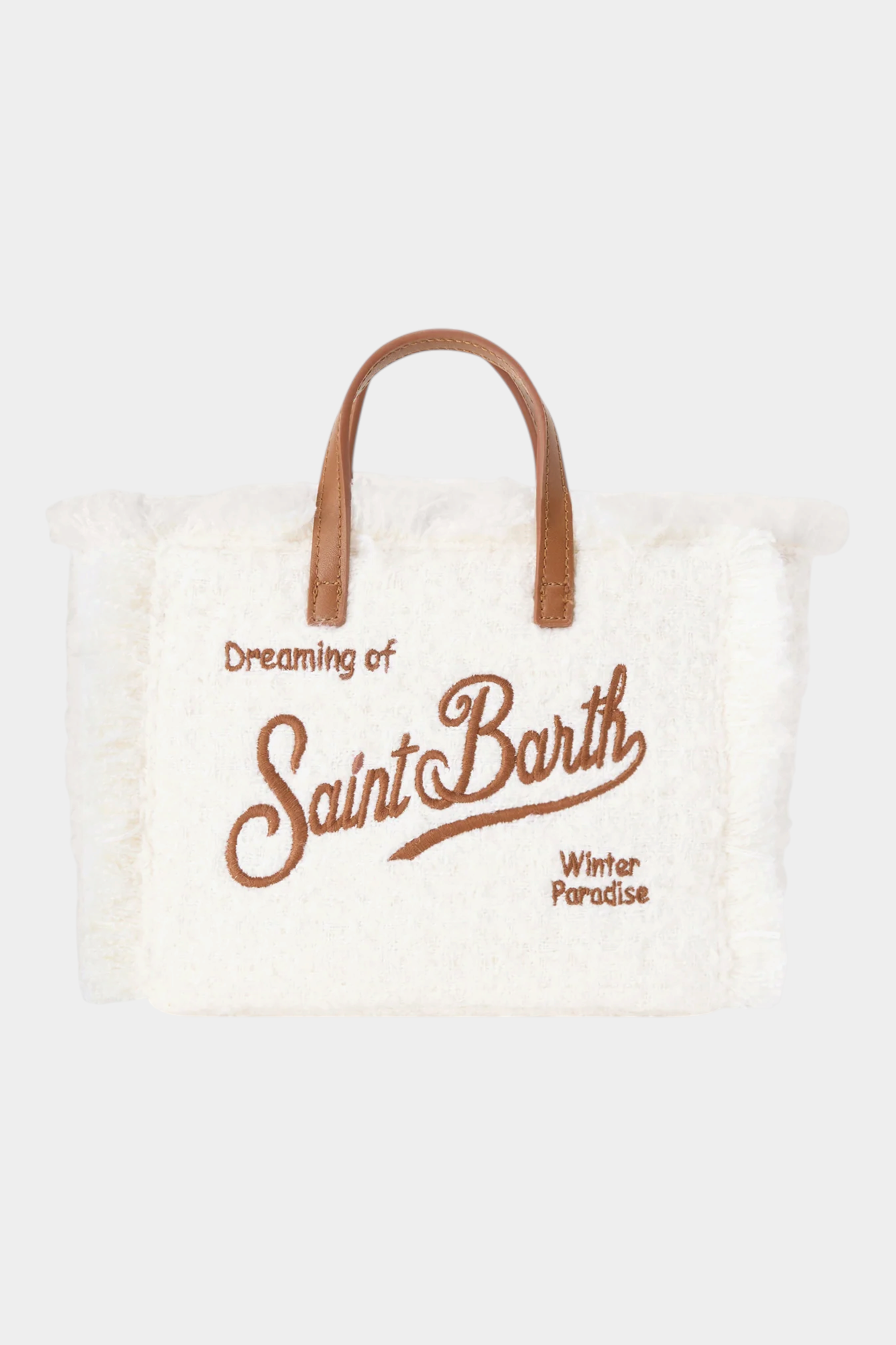 Borsa mini vanity Follower SRL in tweed avorio con ricamo logo marrone e manici in pelle