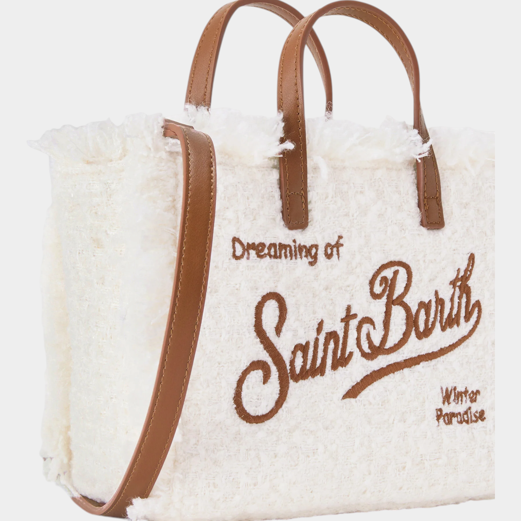 Borsa mini vanity Follower SRL in tweed avorio con ricamo logo marrone e manici in ecopelle
