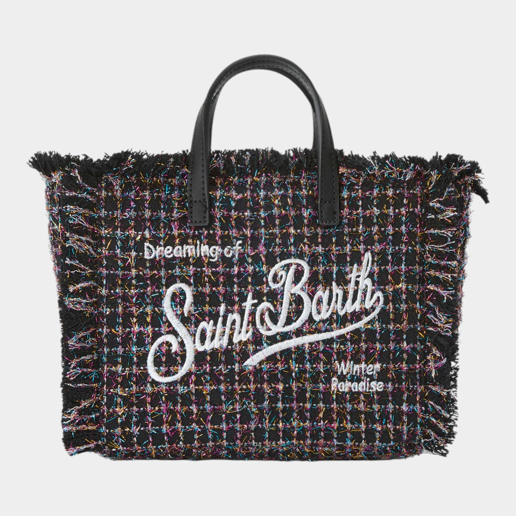 Borsa mini vanity Follower SRL in tweed nero con ricamo bianco e dettagli sfrangiati, stile elegante e compatto
