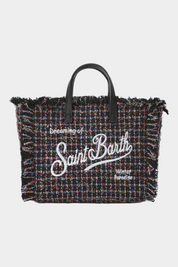 Borsa mini vanity Follower SRL in tweed nero con ricamo bianco e dettagli sfrangiati, stile elegante e compatto