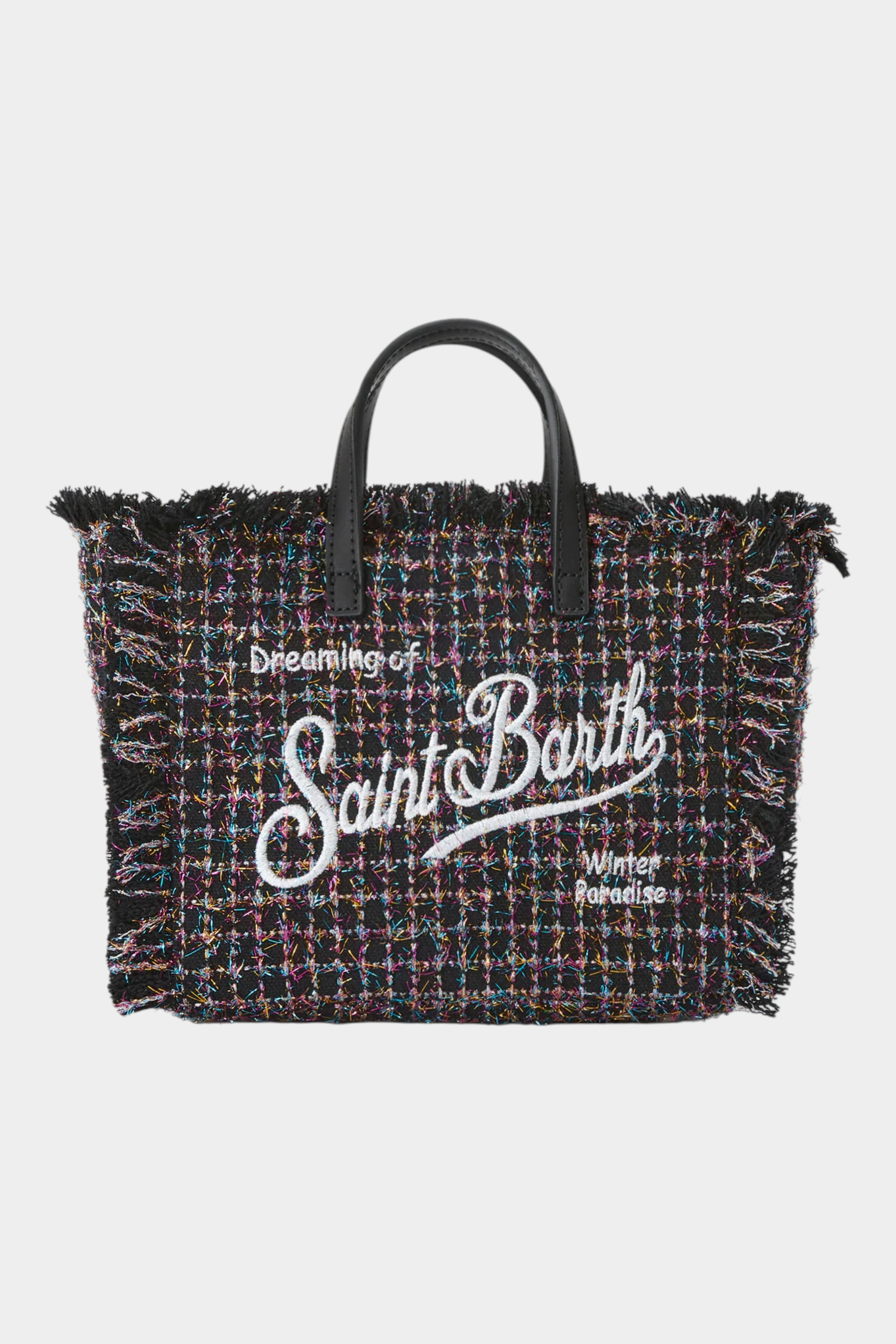Borsa mini vanity Follower SRL in tweed nero con ricamo bianco e dettagli sfrangiati, stile elegante e compatto