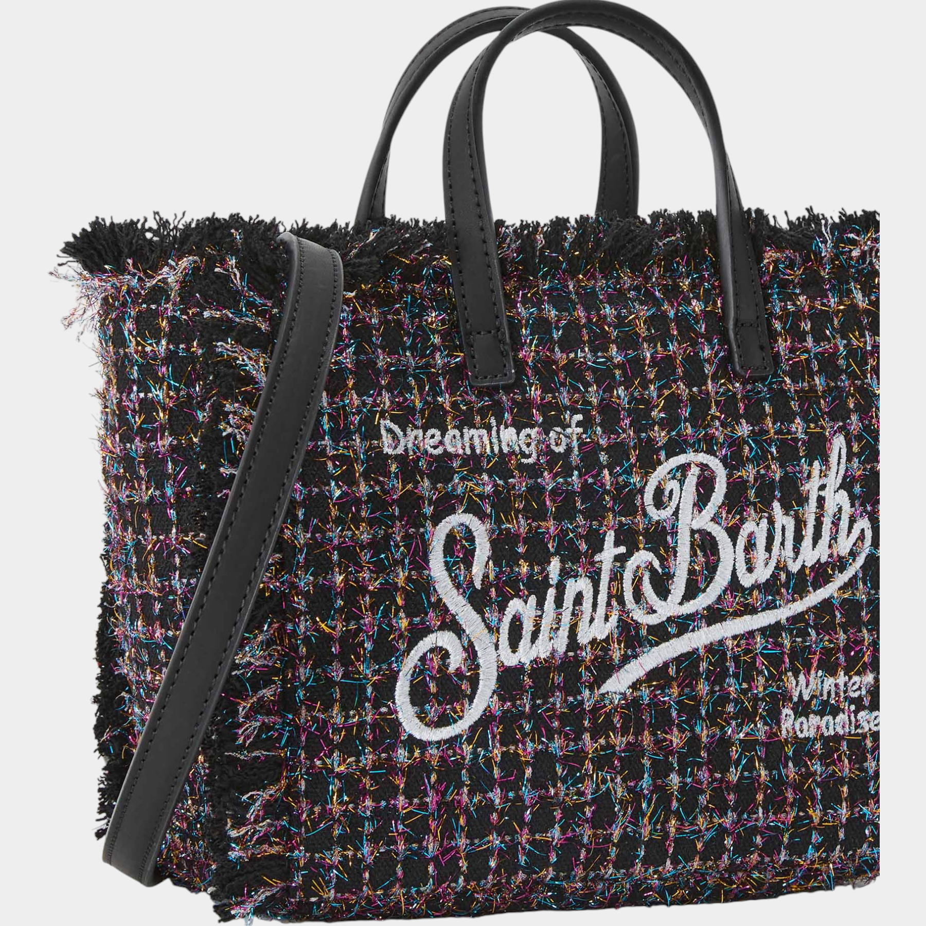 Borsa mini vanity Follower SRL in tweed nero con dettagli multicolore, manici e tracolla in ecopelle nera