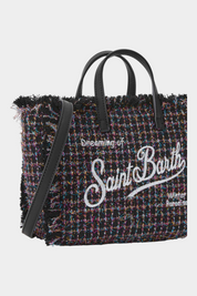 Borsa mini vanity Follower SRL in tweed nero con dettagli multicolore, manici e tracolla in ecopelle nera