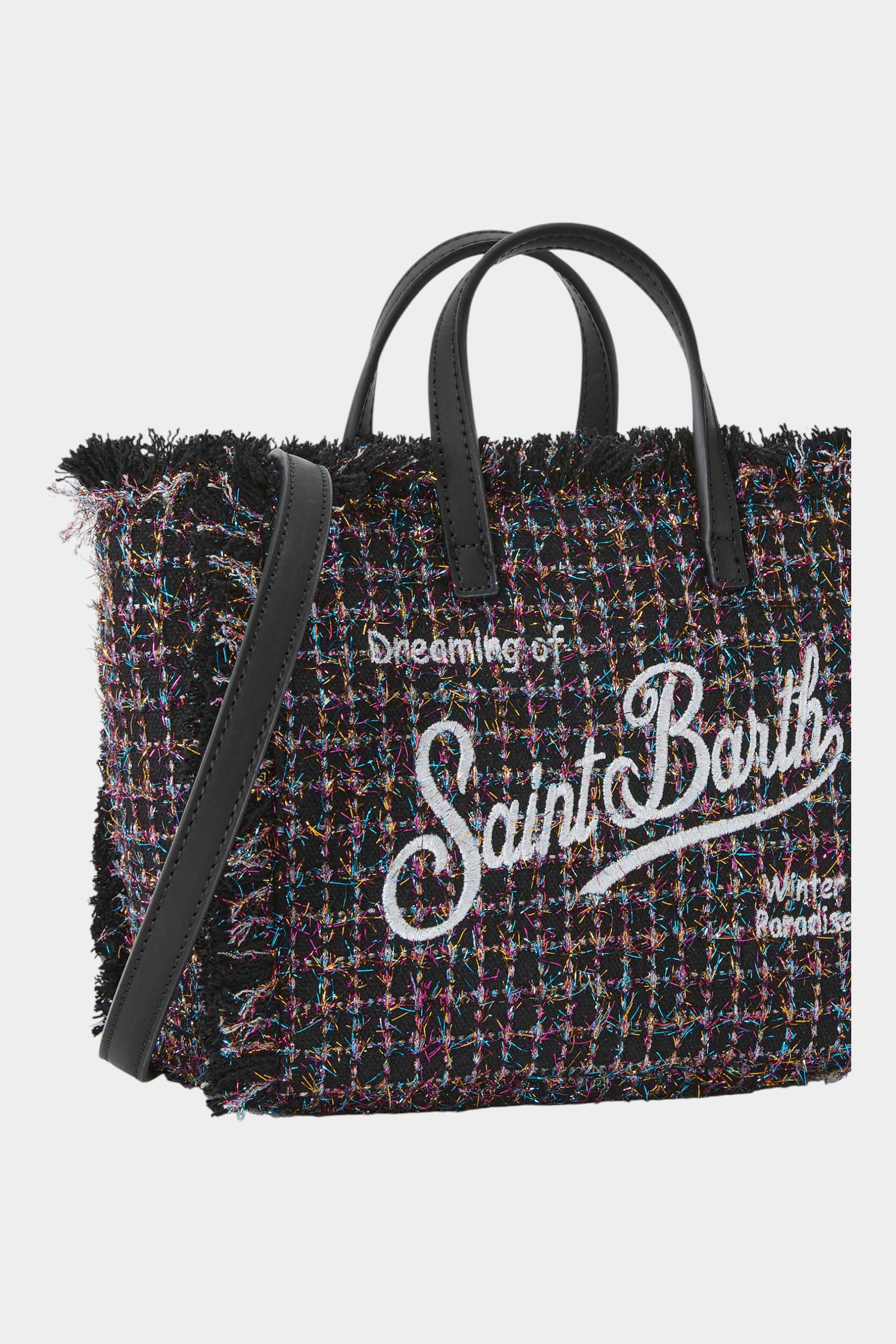 Borsa mini vanity Follower SRL in tweed nero con dettagli multicolore, manici e tracolla in ecopelle nera