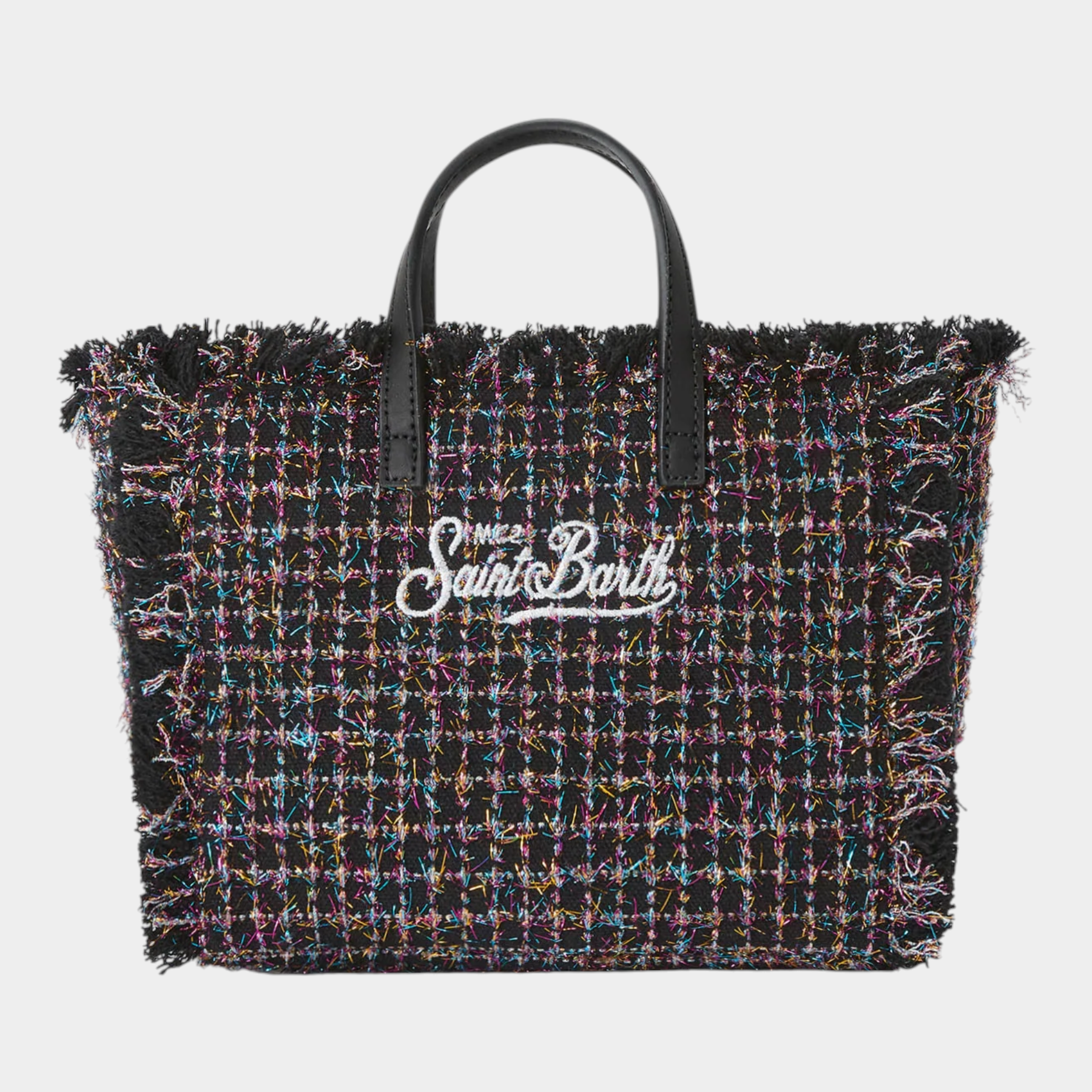 Borsa mini vanity Follower SRL in tweed nero con dettagli multicolore, manici neri e logo ricamato frontale