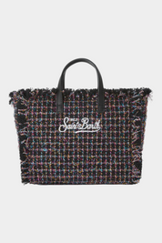 Borsa mini vanity Follower SRL in tweed nero con dettagli multicolore, manici neri e logo ricamato frontale