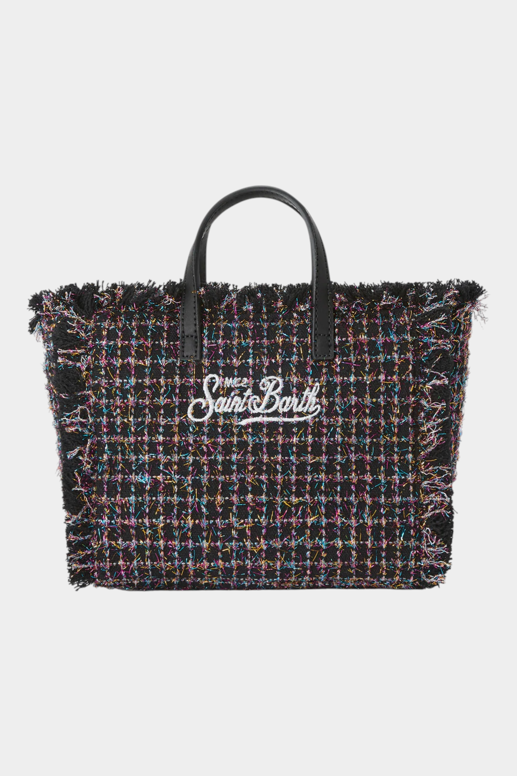 Borsa mini vanity Follower SRL in tweed nero con dettagli multicolore, manici neri e logo ricamato frontale