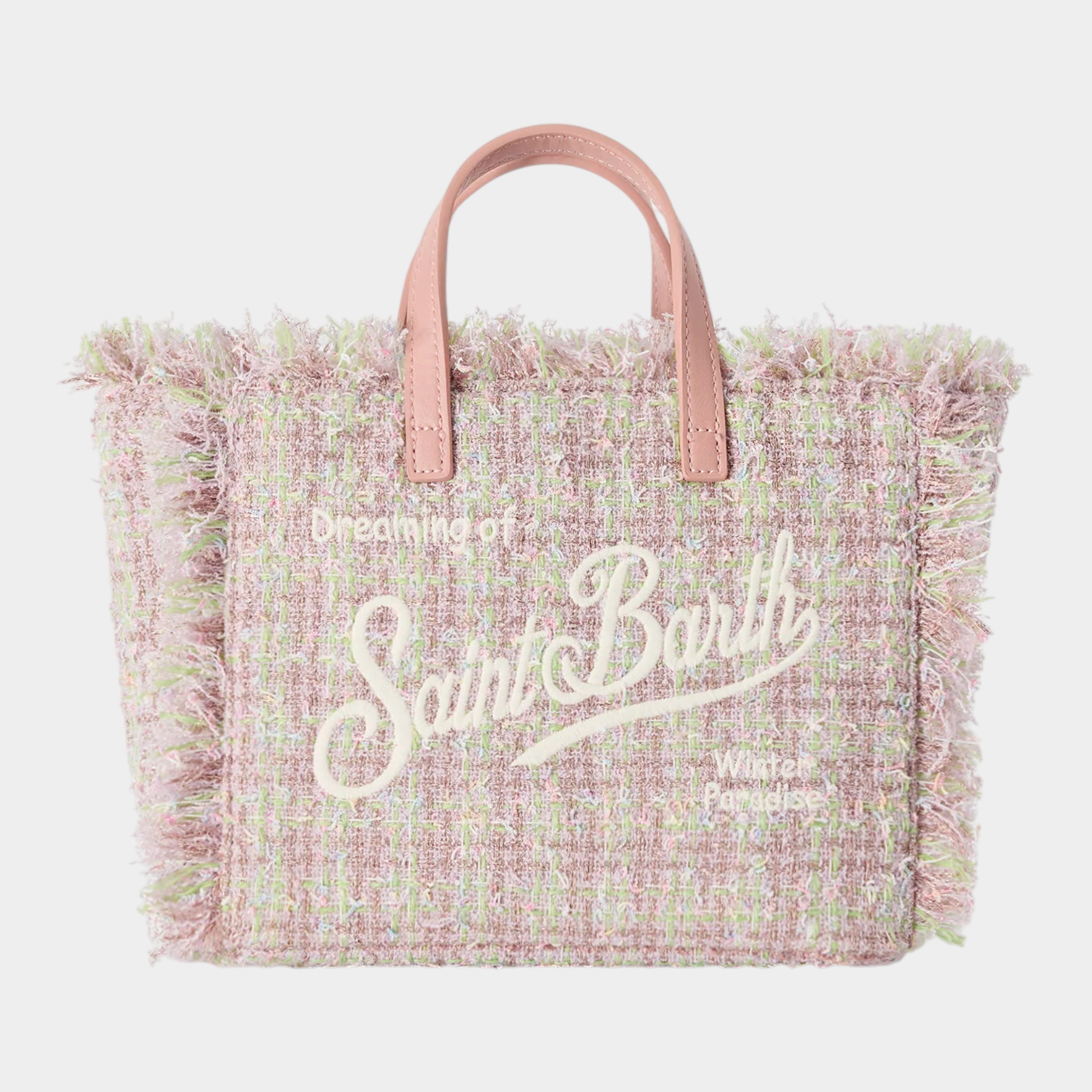Borsa mini vanity Follower SRL in tweed rosa con frange e logo Saint Barth ricamato