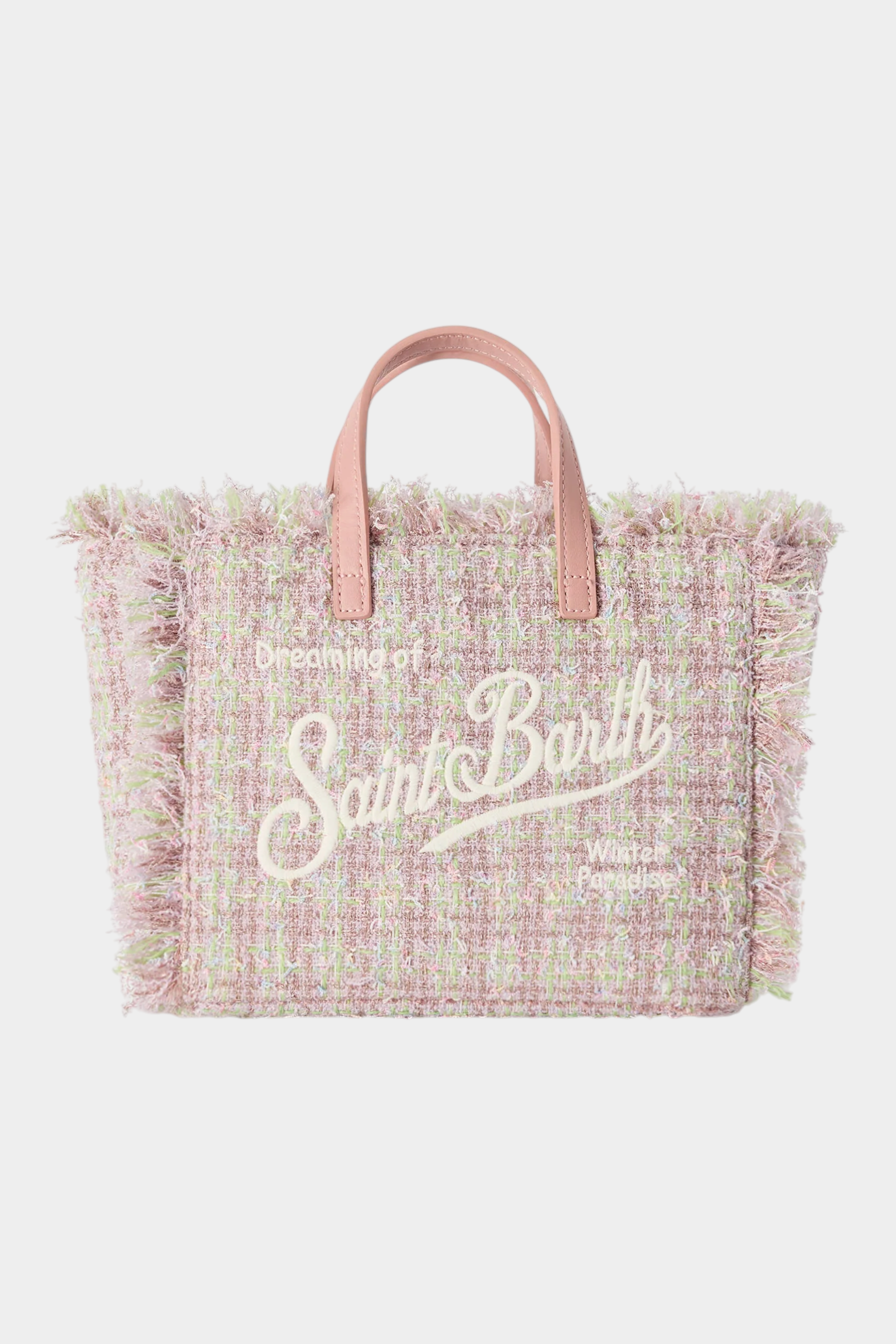 Borsa mini vanity Follower SRL in tweed rosa con frange e logo Saint Barth ricamato