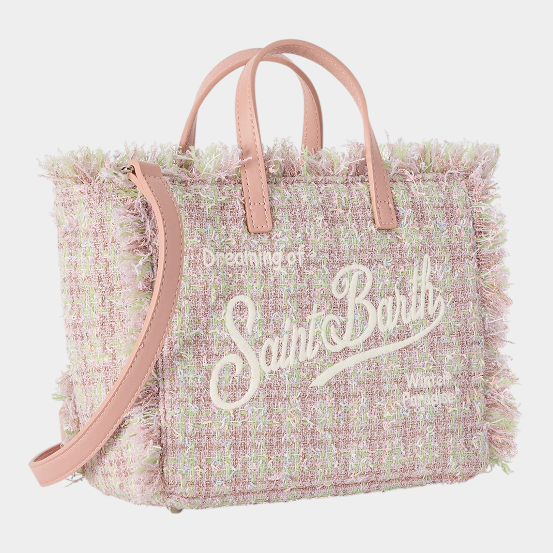 Borsa mini vanity Follower SRL in tweed rosa con bordi sfrangiati, manici e tracolla in ecopelle