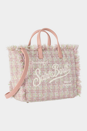 Borsa mini vanity Follower SRL in tweed rosa con bordi sfrangiati, manici e tracolla in ecopelle