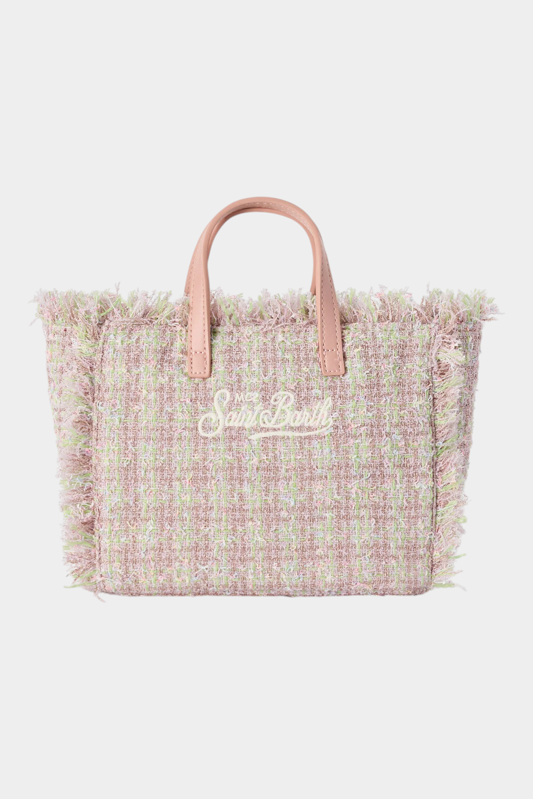 Borsa mini vanity Follower SRL in tweed rosa con finitura lucida e logo ricamato